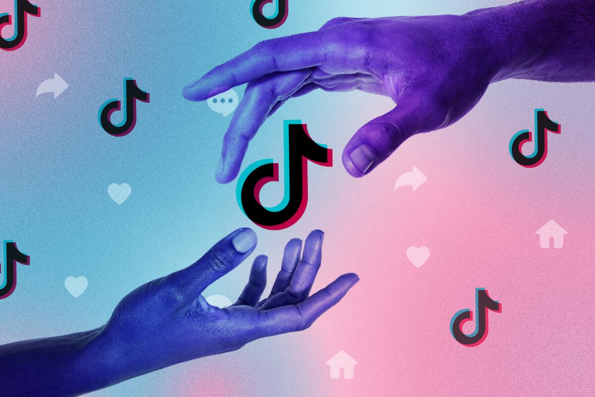 Illustration of two hands, one on top, one below, with musical notes, hearts and arrows in a blue and pink background