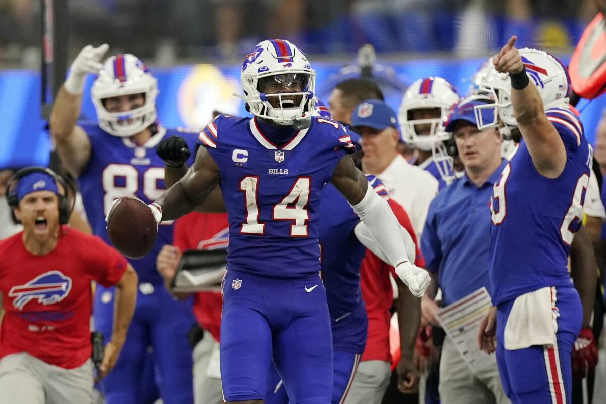 Buffalo Bills wide receiver Stefon Diggs (14) celebrates after a reception during the first half of an NFL football game against the Los Angeles Rams Thursday, Sept. 8, 2022, in Inglewood, Calif. (AP Photo/Mark J. Terrill)