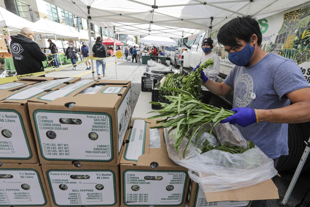 Kong Thao of Thao Family Farm packs a box of his fresh produce at his stand at Santa Monica farmers market.