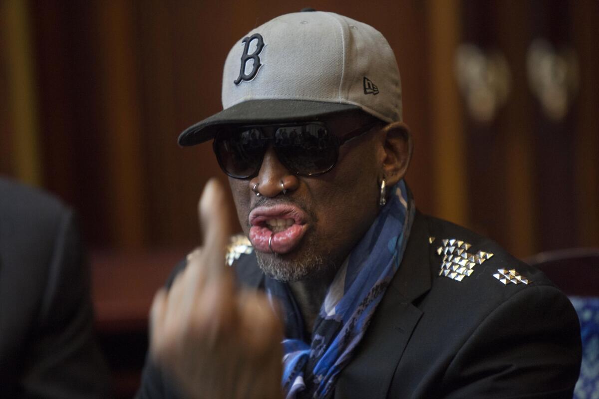 Former NBA star Dennis Rodman gives interviews in January 2014 from a hotel in Pyongyang, North Korea.