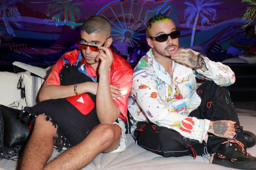 Bad Bunny and J Balvin at an artists lounge at the Coachella music festival in 2019.