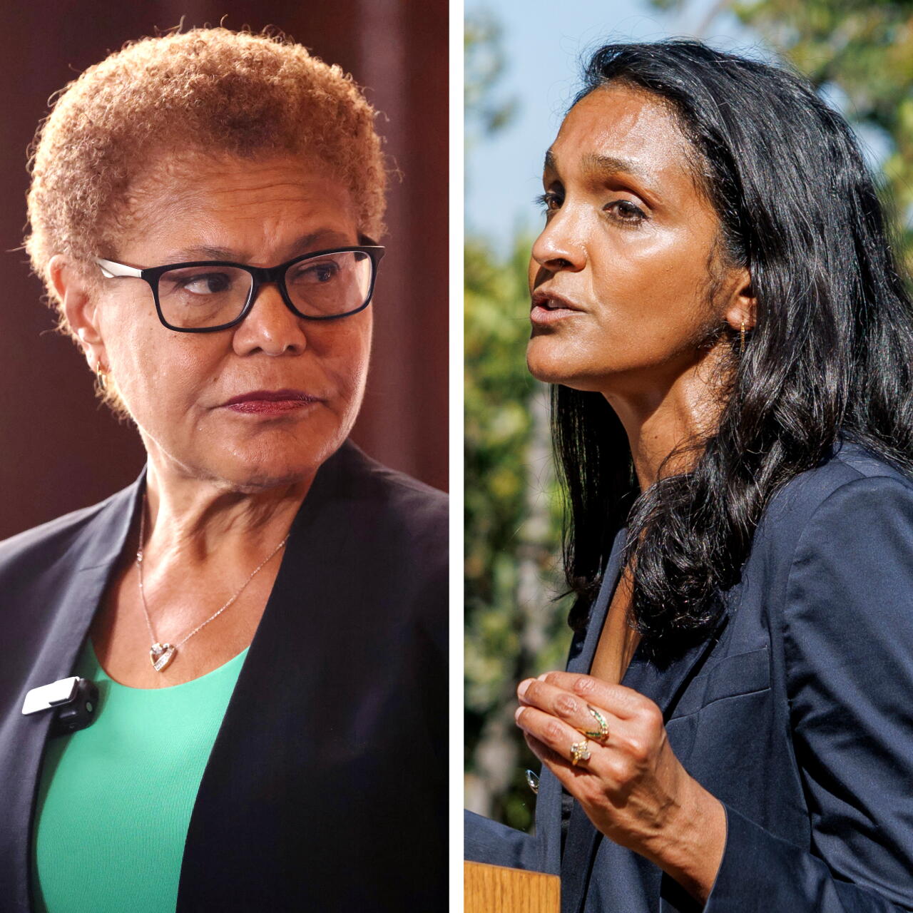 Left, photo of Mayor Karen Bass. Right, photo of councilmember Nithya Raman