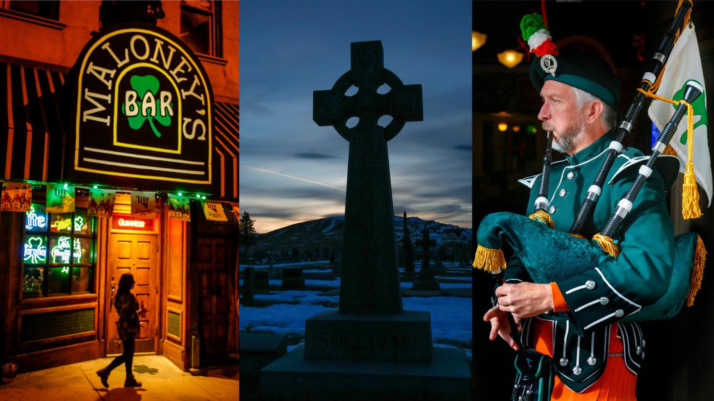 Maloney's Bar, left, St. Patrick's Cemetery and Rob Seccomb, pipe major with the Anaconda AOH Pipes and Drums, in Butte, Mont., a city with a rich Irish heritage.