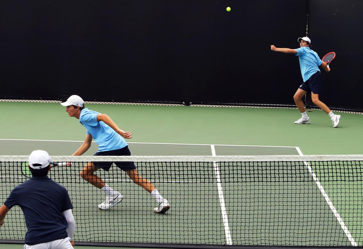 Corona del Mar's No. 1 doubles team of Jonathan Hinkel, left, and Roger Geng competes in the CIF doubles semifinals.