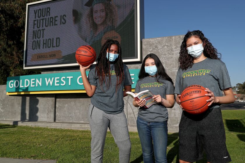 Golden West College women's basketball players, from left, Reyna McMorris, Neylin Zecua and Lili Parreno are California Community College Women's Basketball Coaches Assn. Academic All-State Team honorees.
