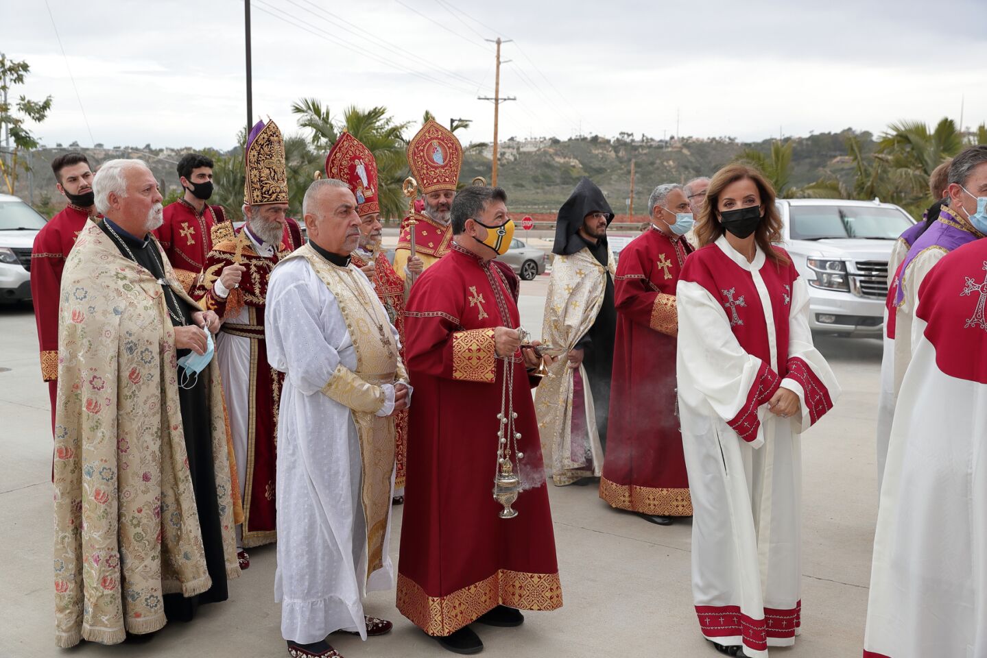 Church leaders gather outside before the consecration and church naming ceremony at the new St. John Garabed Armenian Church in Carmel Valley.