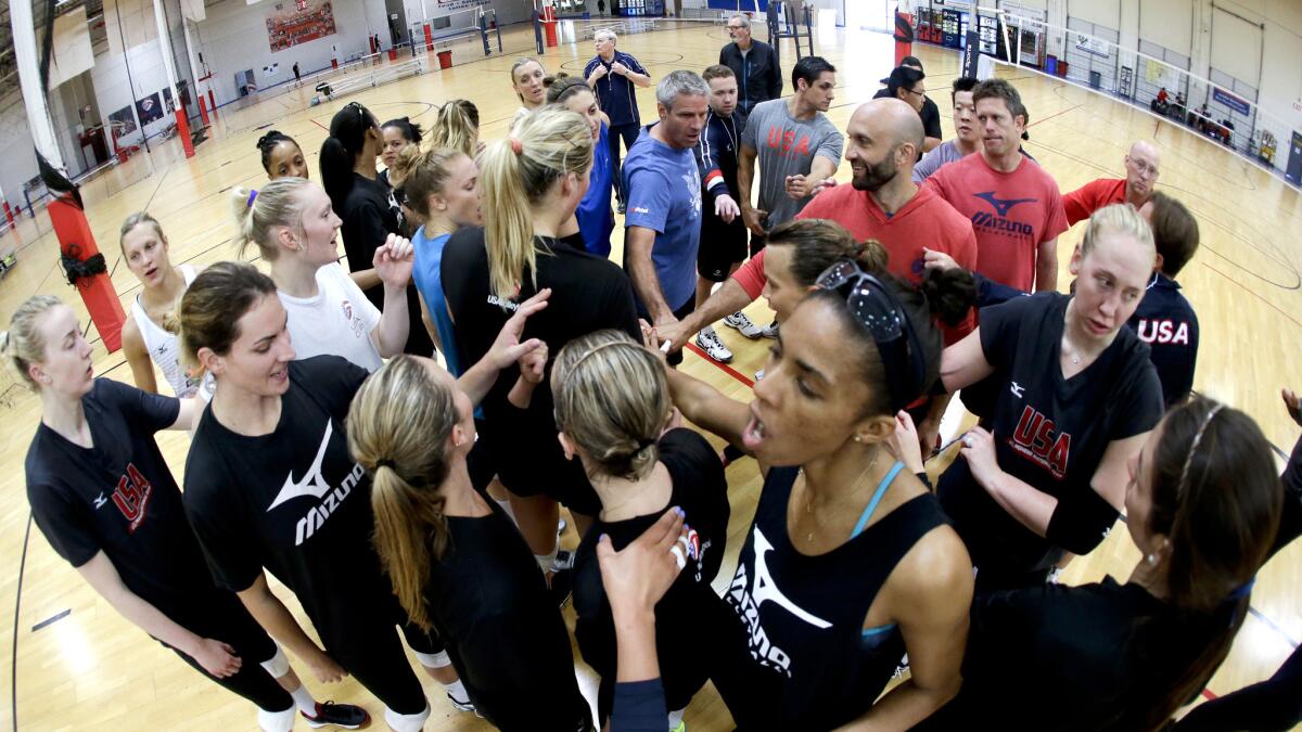 U.S. women's national team players and coaches huddle at the end of a recent practice in Anaheim.