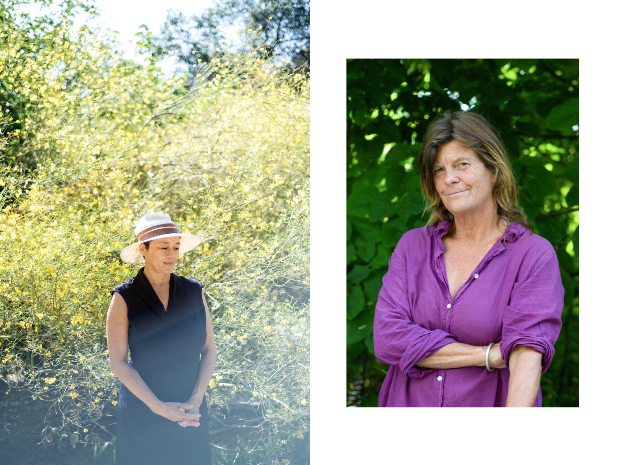 Two photos next to each other, each of a different woman in front of plant life.