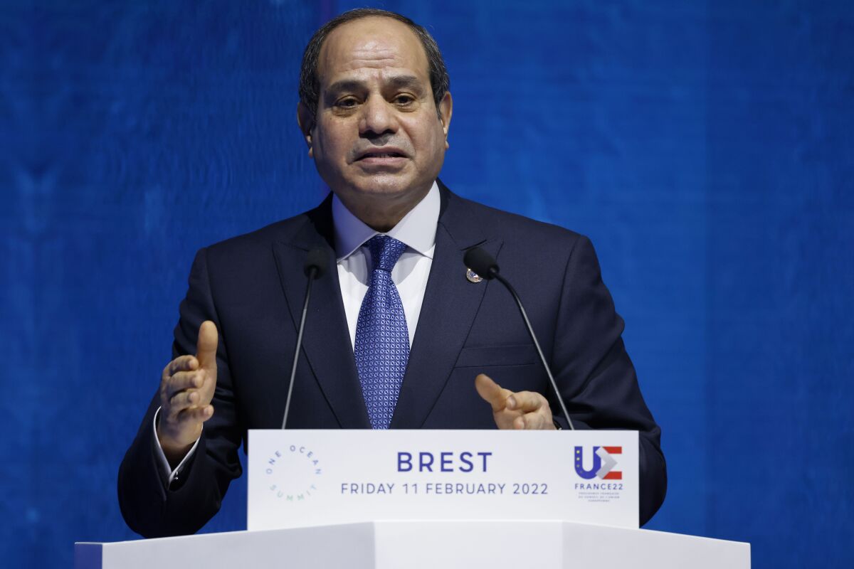 FILE - Egyptian President Abdel-Fattah el-Sissi delivers a speech during the One Ocean Summit, in Brest, Brittany, Feb. 11, 2022. The head of a journalists’ union said May 1, 2022, that Egyptian authorities have freed three journalists — the latest in a string of releases as el-Sissi appears to be reaching out to critics of his administration. Long pre-trial dentitions have been a major concern for rights groups in recent years. (Ludovic Marin, Pool via AP, File)