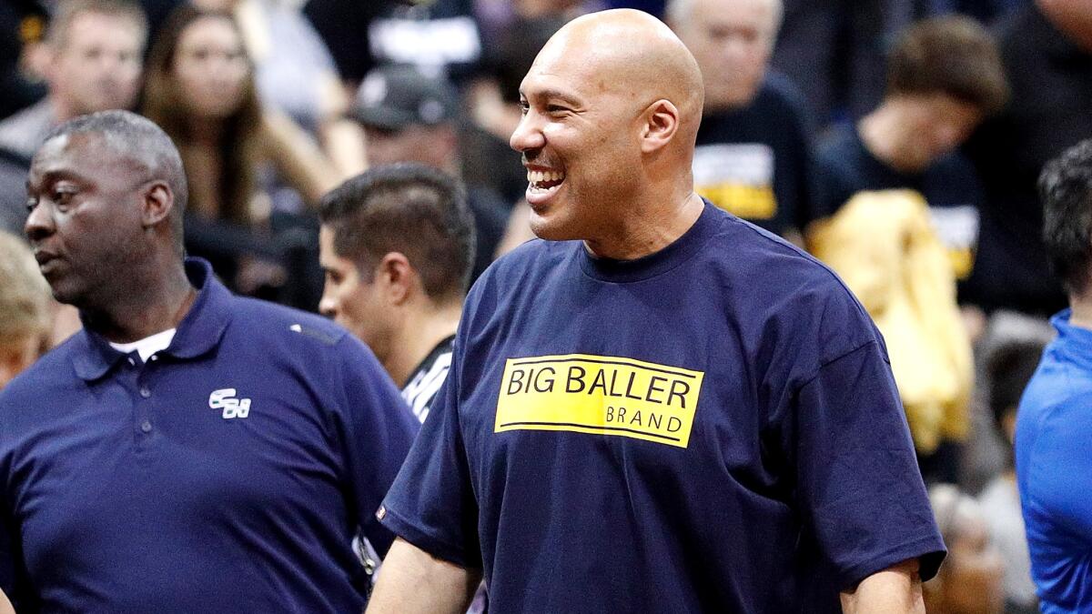 LaVar Ball sports one of his family's Big Baller Brand T-shirts during a game between Chino Hills and Bishop Montgomery.