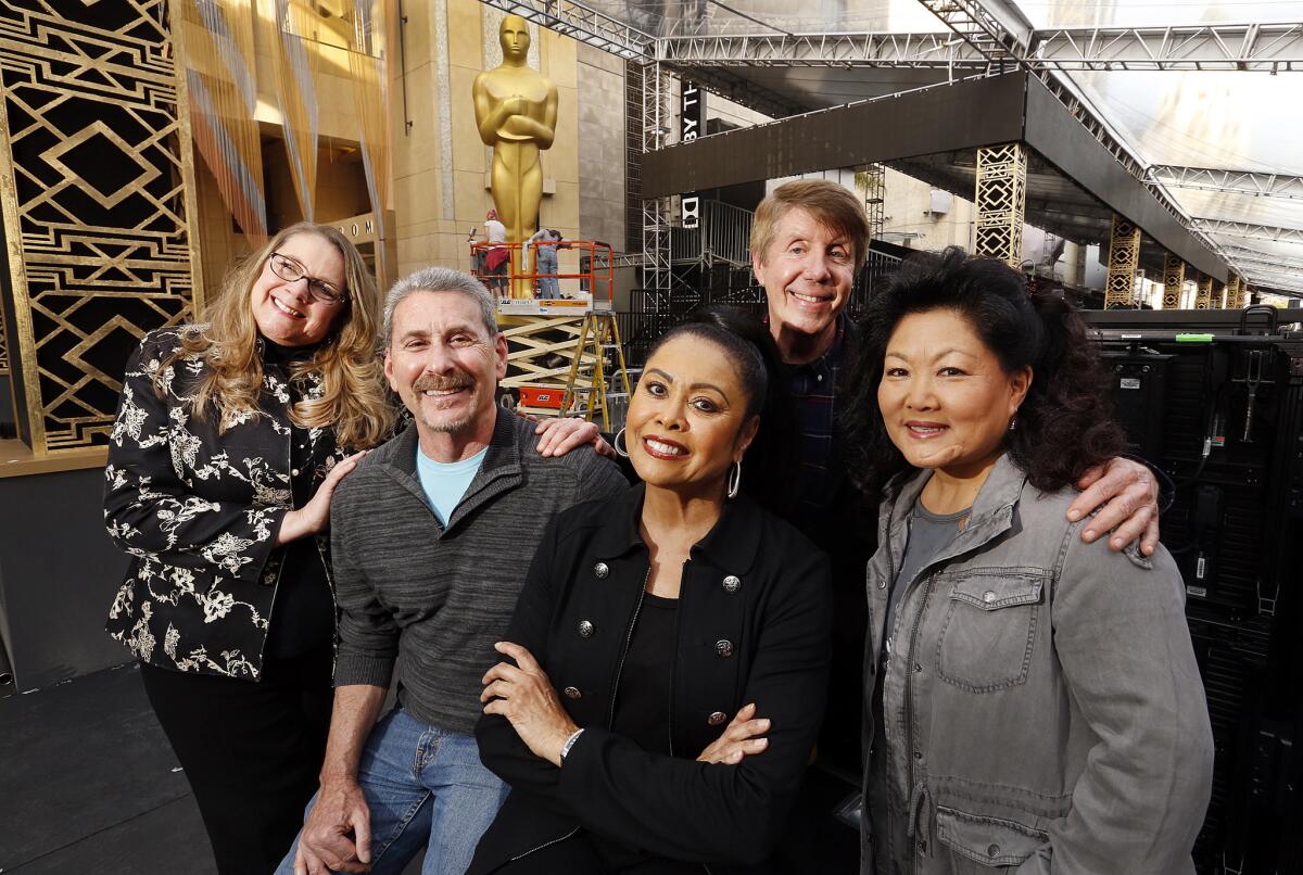 From left, Mindy Brandt, Larry Blum, Renee Gentry, Nick Shaffer and Joanne Tomita are part of the group of people who have worked as stand-ins during Oscar rehearsals.