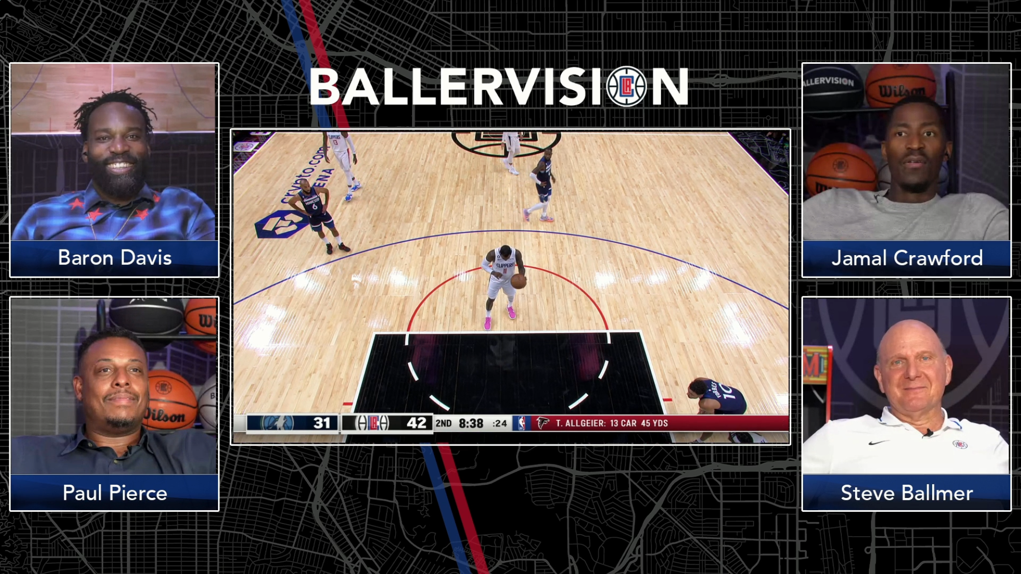 A view of how basketball fans can watch a BallerVision broadcast with panelists providing commentary on the game.