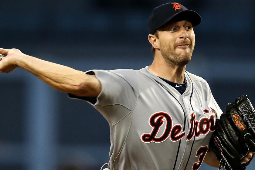Max Scherzer delivers a pitch against the Dodgers during an interleague game with the Tigers last season.