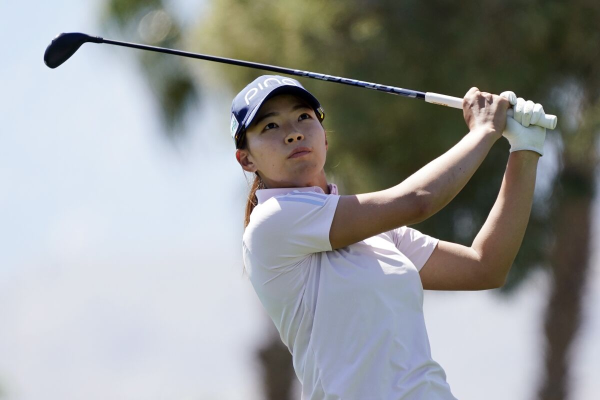 Hinako Shibuno hits from the 17th tee during the second round of the Chevron Championship in Rancho Mirage.