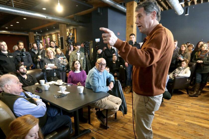 U.S. Sen. Sherrod Brown, an Ohio Democrat who said he is weighing a presidential bid, speaks during a meet and greet at Inspire Cafe in Dubuque, Iowa, on Saturday, Feb. 2, 2019. (Jessica Reilly/Telegraph Herald via AP)