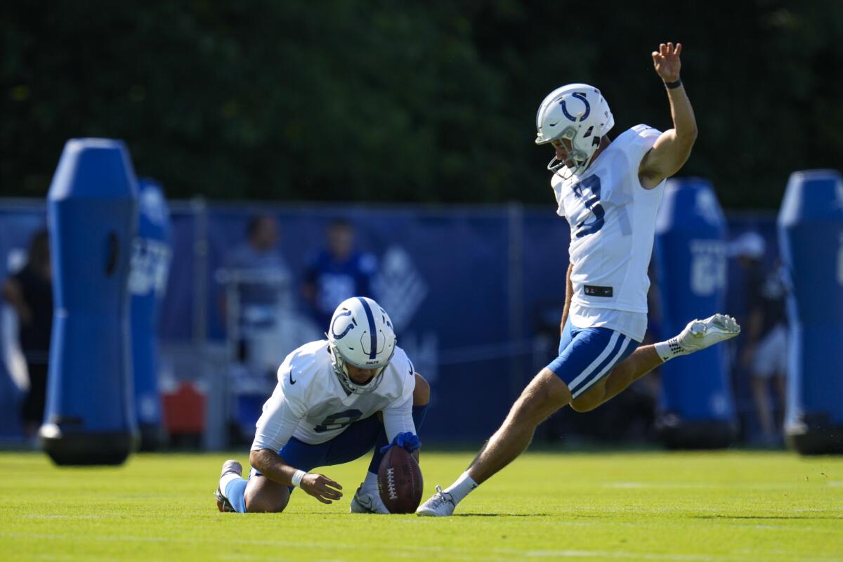 Kicker Lucas Havrisik, shown at Colts training camp in July, was let go by Indianapolis and later signed by Cleveland.