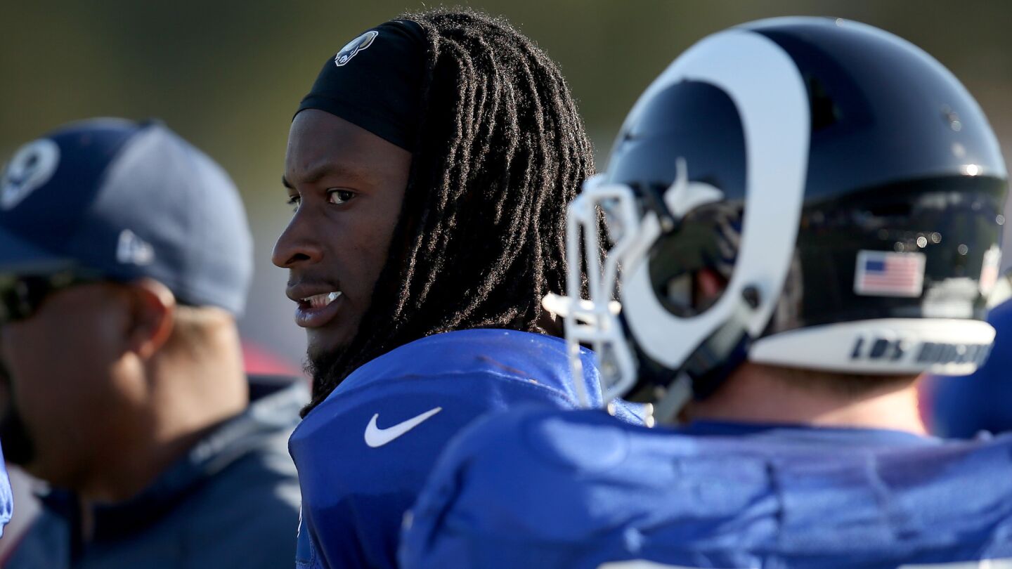 Rams running back Todd Gurley II joins a joint practice between the Chargers and Rams at UC Irvine.