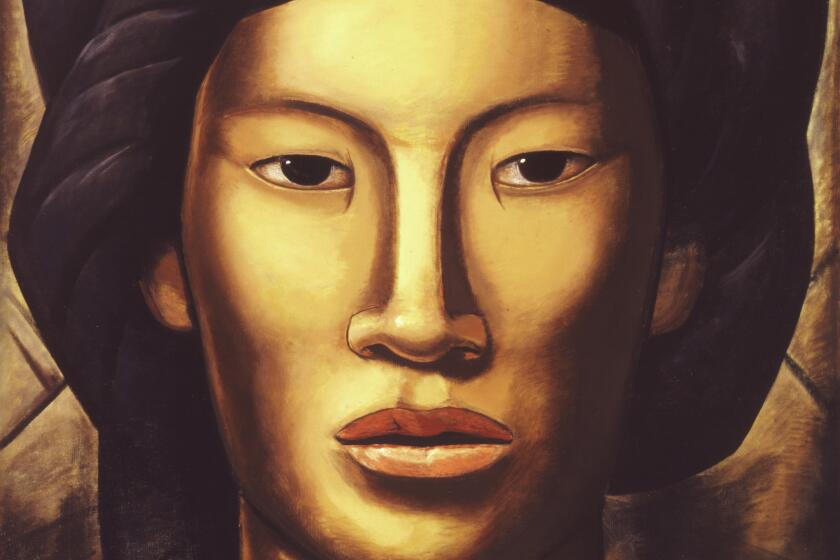 An earth-toned painting shows a taciturn young Indigenous girl resolutely meeting the viewer's gaze