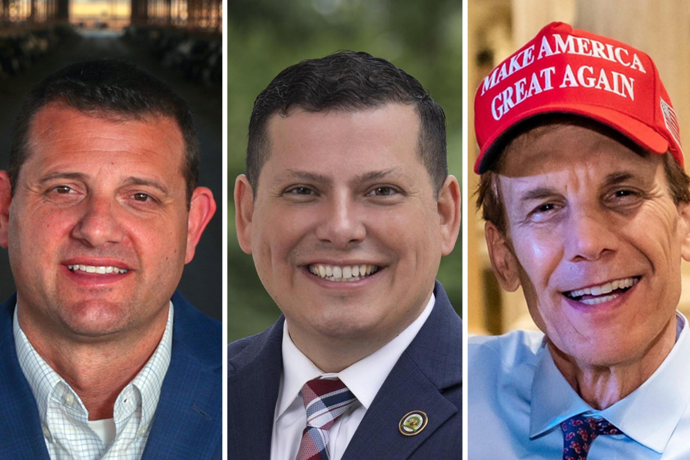 Three side-by-side photos, each with a man pictured from the neck up, the third wearing a red MAGA hat 