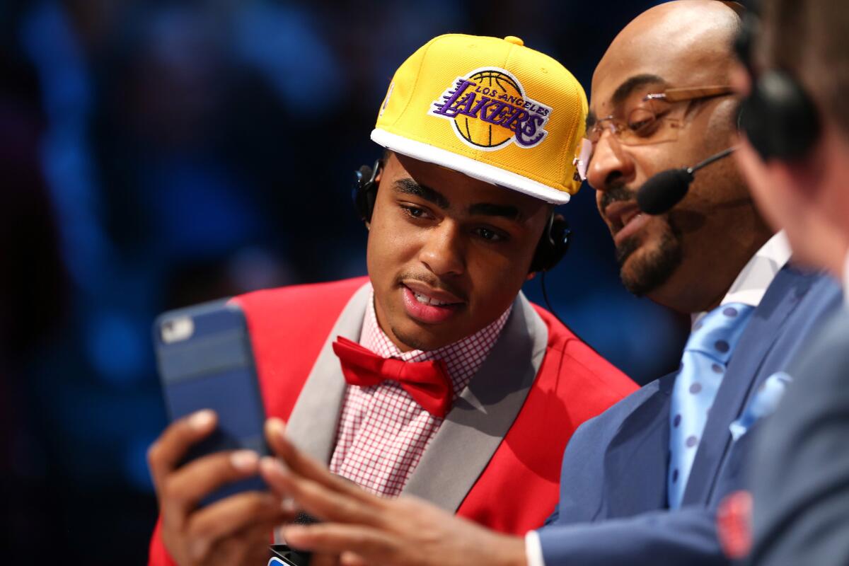 D'Angelo Russell speaks with the media after being selected with the second overall pick in the 2015 NBA draft by the Lakers.