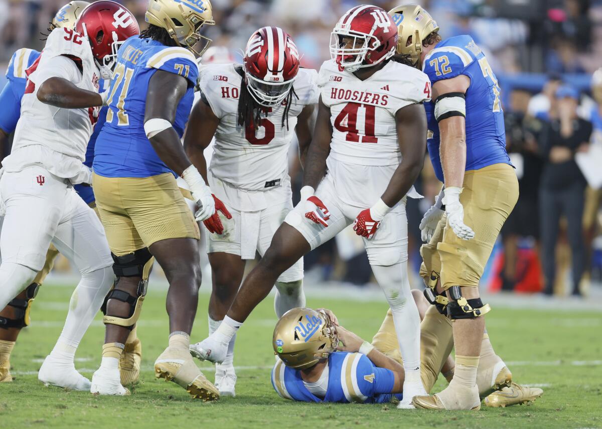 Indiana defensive lineman Lanell Carr Jr. celebrates sacking UCLA quarterback Ethan Garbers at the Rose Bowl on Sept. 14