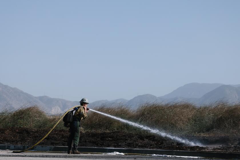 Camarillo, CA - October 29: Ventura Fire Fighters work to put out a field fire at at 401 West Ventura Boulevard on Sunday, Oct. 29, 2023 in Camarillo, CA. (Dania Maxwell / Los Angeles Times)