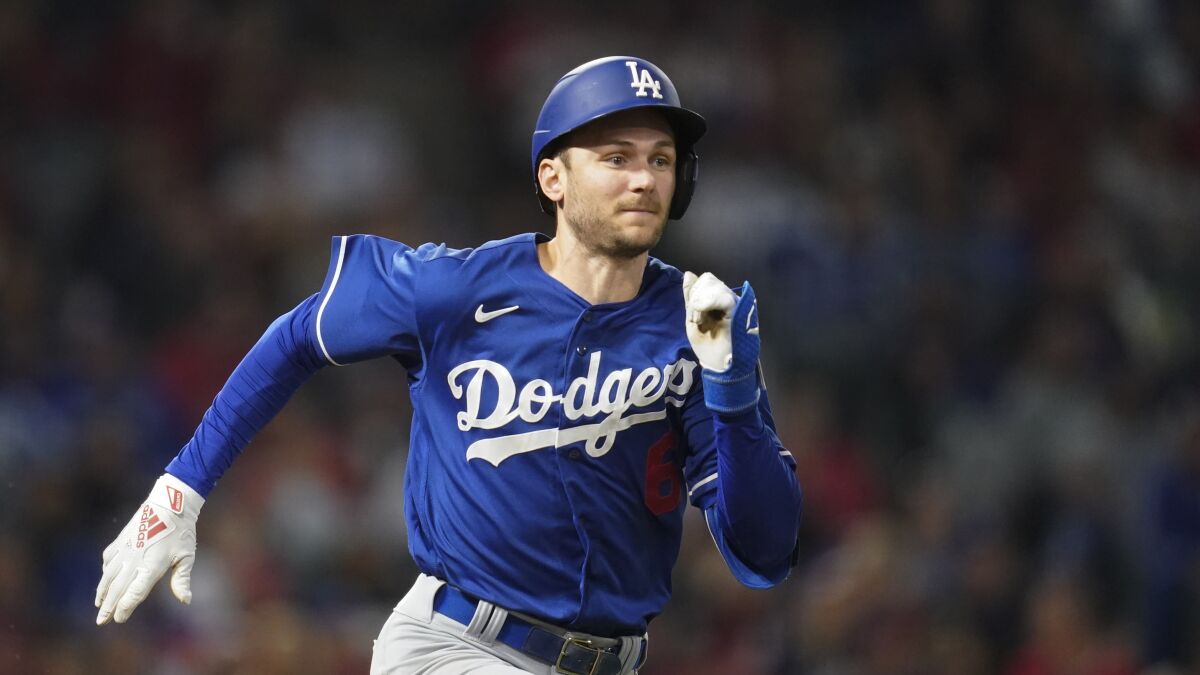 Trea Turner runs to first base during Monday's Freeway Series game against the Angels.