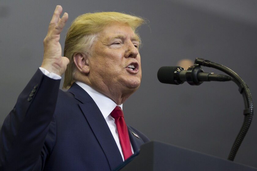 President Donald Trump speaks at a campaign rally Thursday, Aug. 1, 2019, in Cincinnati.