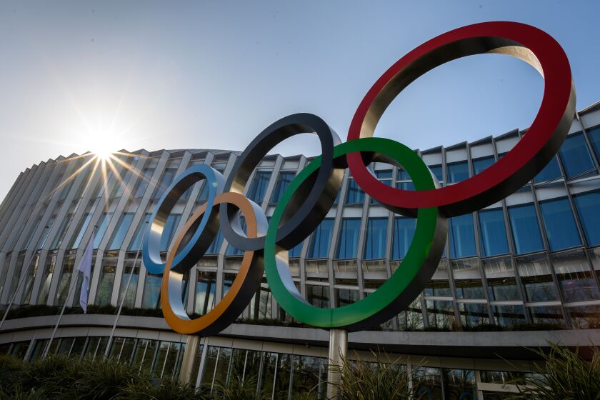 The Olympic Rings are pictured at the International Olympic Committee (IOC) headquarters in Lausanne on March 3, 2020. - The COVID-19 which has already killed more than 3000 people in the World will be at the center of a meeting of the International Olympic Committee (IOC) on March 3 and 4, 2020 in Lausanne less than five months before the opening ceremony of the Olympics in Tokyo. (Photo by Fabrice COFFRINI / AFP) (Photo by FABRICE COFFRINI/AFP via Getty Images)
