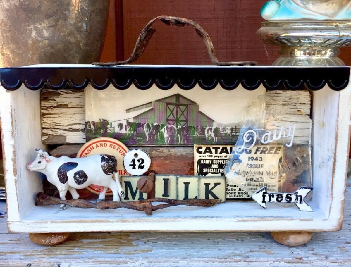 This assemblage is an example of the artwork Katie McCarty makes with the objects she finds in her vintage trash searches.