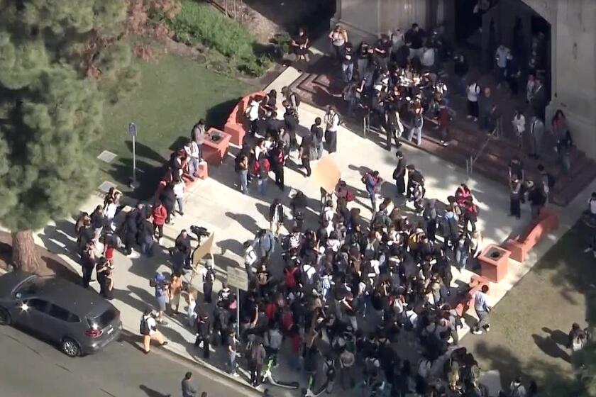 Aerial photo of students who walked out during their a break at John Marshall High School in Los Feliz Thursday, demanding improved security measures following the on-campus stabbing Wednesday of two students.