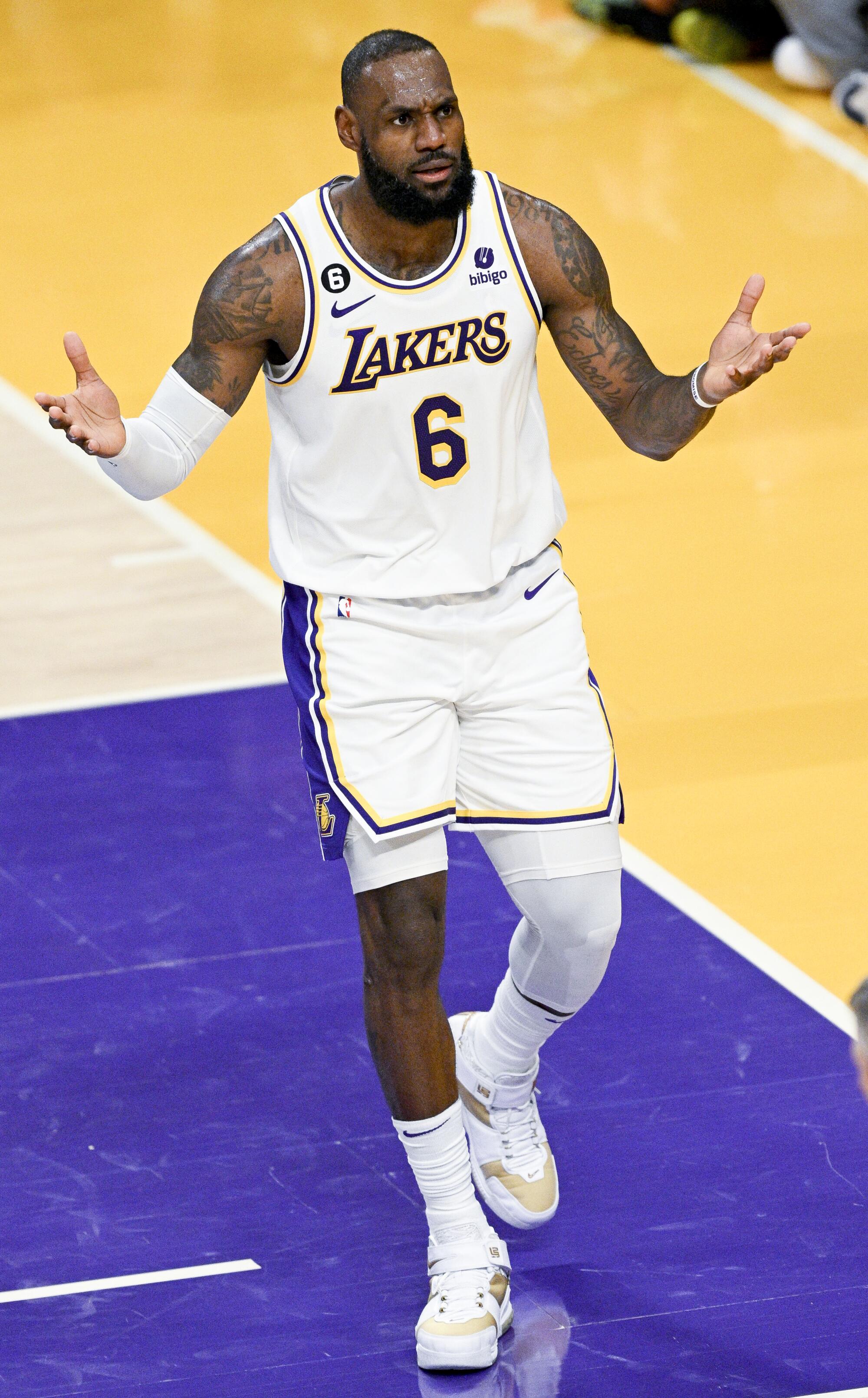 Lakers forward LeBron James reacts to a foul call during the second quarter.