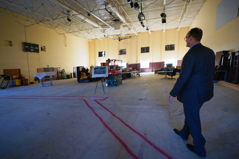 National City, CA - May 03: At South Bay Community Church on Wednesday, May 3, 2023 in National City, CA., San Diego Rescue Mission CEO Donnie Dee walk through what used to be the gym. This large space will converted to living space for men. The shelter is scheduled to open in early 2024. (Nelvin C. Cepeda / The San Diego Union-Tribune)
