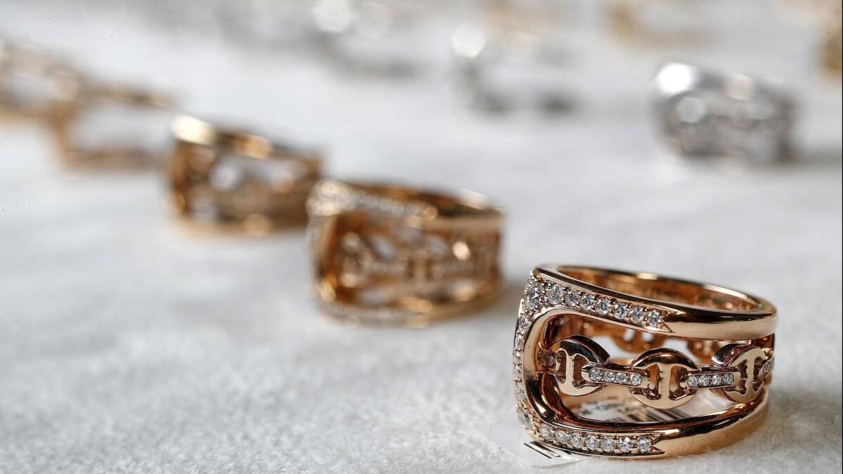 Phantom Clique rings, made out of 18-karat rose gold with white diamonds, are on display inside the new Hoorsenbuhs store.
