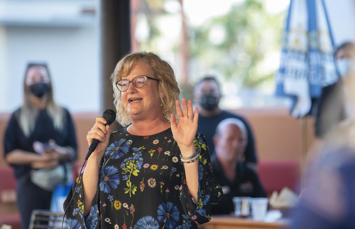 Mayor Katrina Foley speaks during a Costa Mesa Chamber of Commerce mixer on October 14.