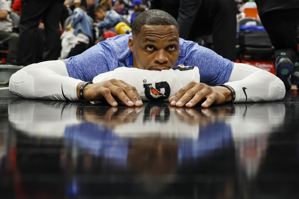 Clippers guard Russell Westbrook stretches before a game against the Portland Trail Blazers at Crypto.com Arena.