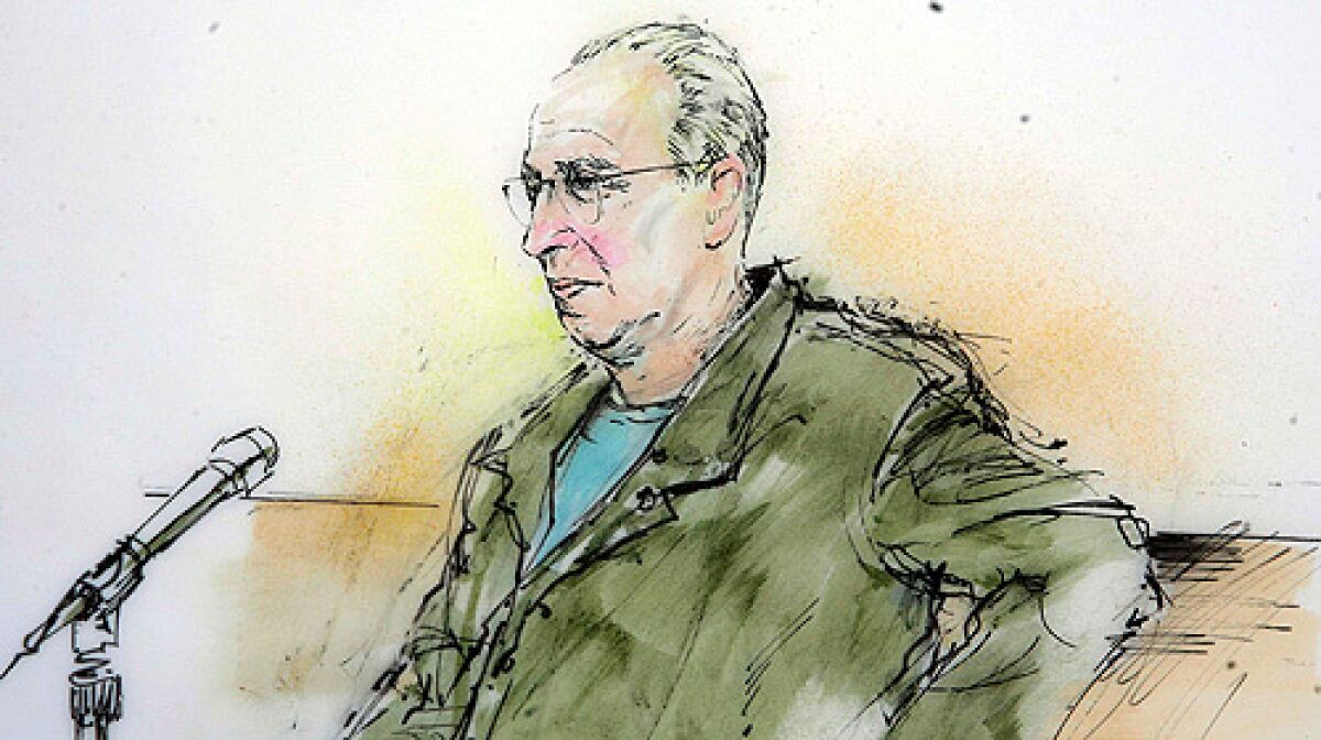 In this artist's depiction, private investigator Anthony Pellicano, wearing a green jail jumpsuit, is seen acting as his own attorney during the start of jury selection in his federal wiretapping case Wednesday, March 5, 2008, in Los Angeles.