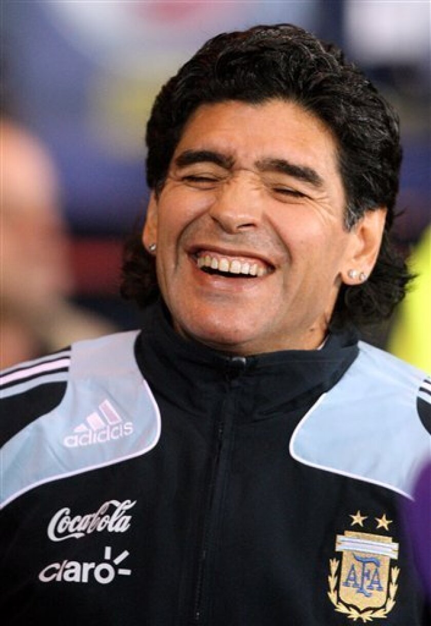 Argentina's coach Diego Maradona, laughs ahead of the international friendly soccer match between Scotland and Argentina at Hampden Park, Glasgow, Scotland, Wednesday Nov. 19, 2008.(AP Photo/Scott Heppell)
