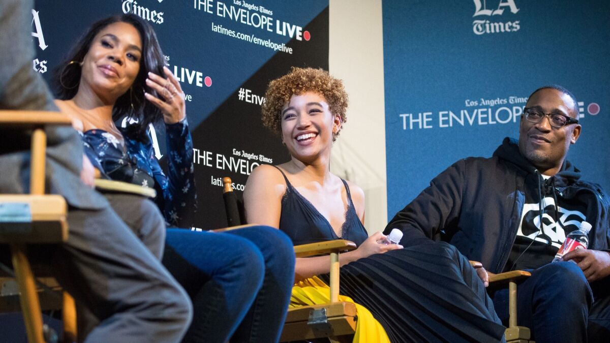 Actors Regina Hall, left, and Amandla Stenberg, and director George Tillman Jr., discuss "The Hate U Give" during an Envelope Live screening at the Montalbán in Los Angeles.