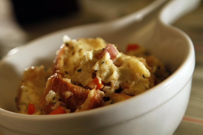 This bread pudding is is a savory combination of prosciutto, mushrooms, goat cheese and Gruyere, with a nice lift from chopped fresh thyme. Recipe: Savory bread pudding
