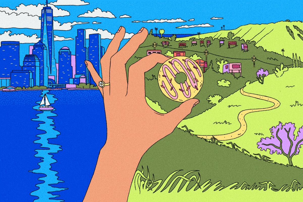 An illustration of a hand holding a doughnut hole up against a backdrop split between New York and L.A. 