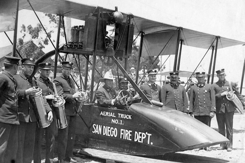 A San Diego department fire crew with Aerial Truck No. 1. in an undated photo. (ONE TIME USE)