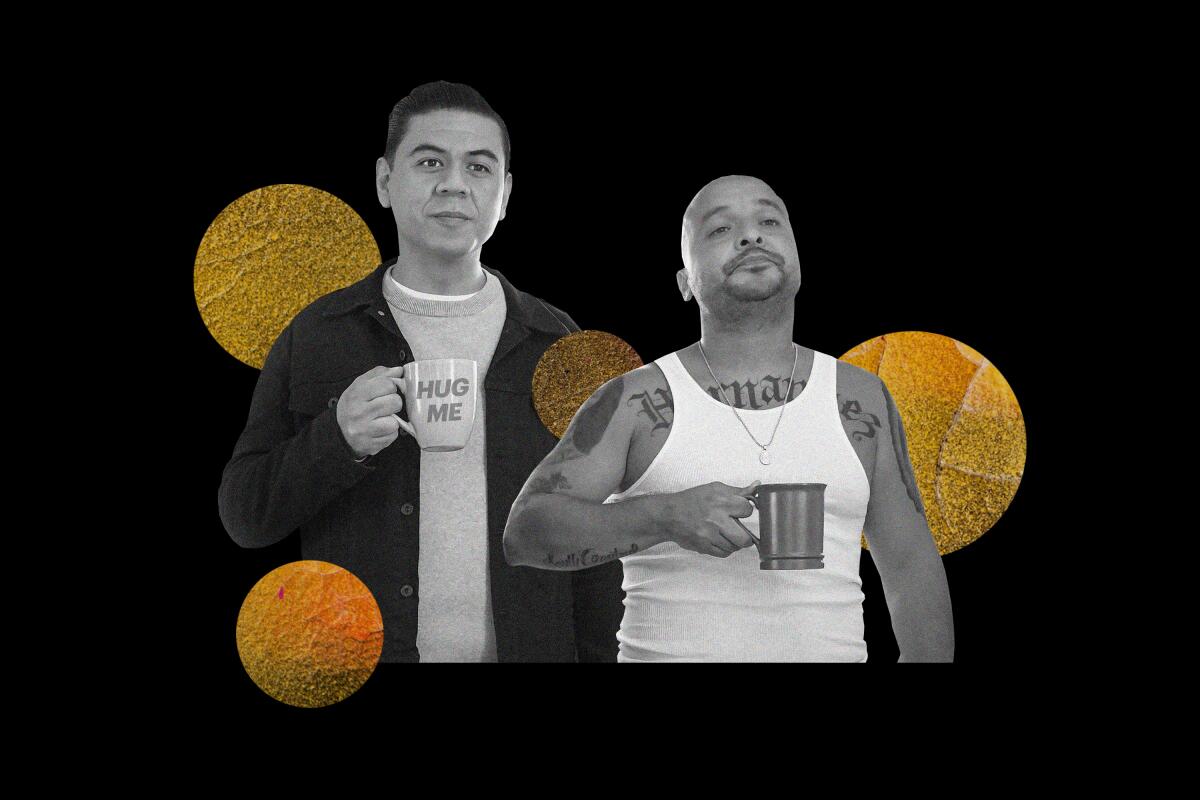 Two men holding coffee cops