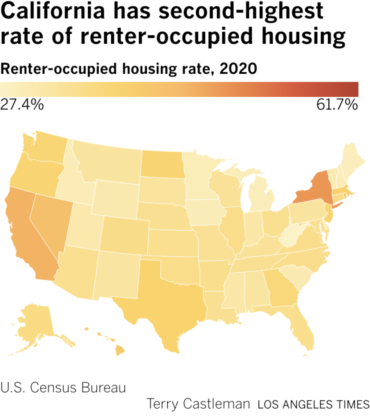 Map showing rental rates of every U.S. state in 2020.