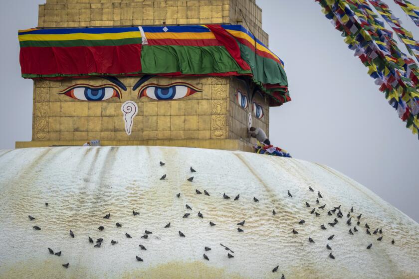 A Buddhist devotee offers prayers during Buddha Jayanti or Buddha Purnima festival at the Boudhanath Stupa in Kathmandu, Nepal, Thursday, May 23, 2024. (AP Photo/Niranjan Shrestha)