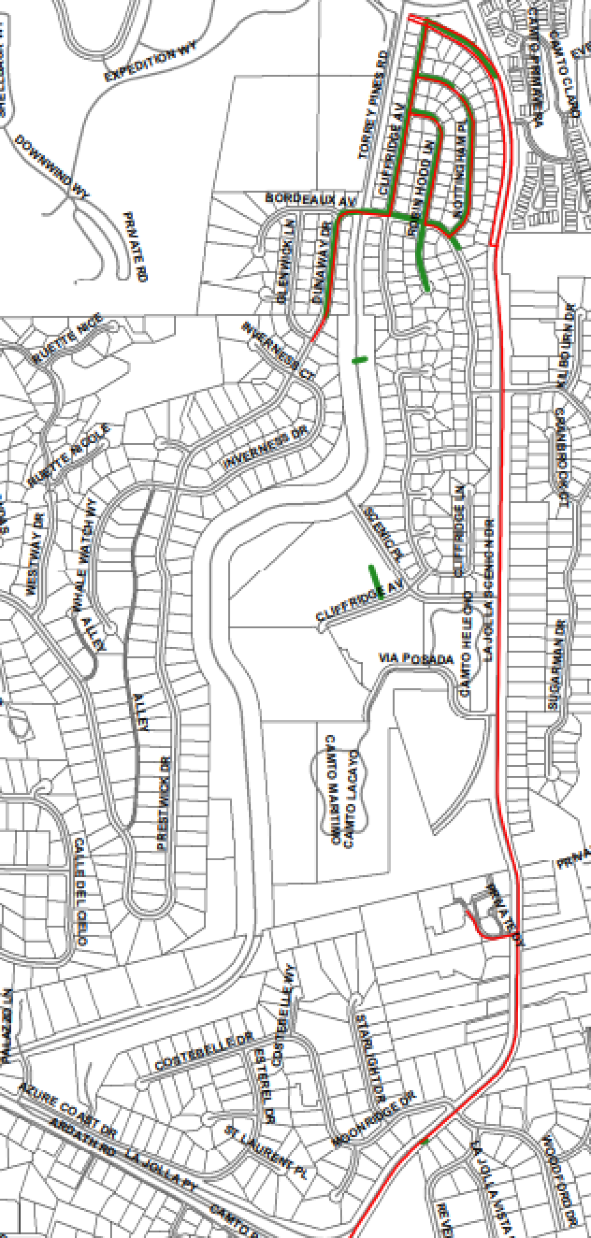La Jolla's Traffic & Transportation Board approved replacement of water mains (shown in red) and sewer mains (in green).