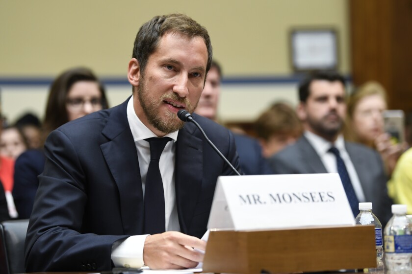 FILE - In this July 25, 2019, file photo, JUUL Labs co-founder and Chief Product Officer James Monsees testifies before a House Oversight and Government Reform subcommittee on Capitol Hill in Washington. Juul Labs is facing mounting scrutiny from state law enforcement officials, with the attorneys general in Illinois and the District of Columbia investigating how the company’s blockbuster vaping device became so popular with underage teens. (AP Photo/Susan Walsh, File)