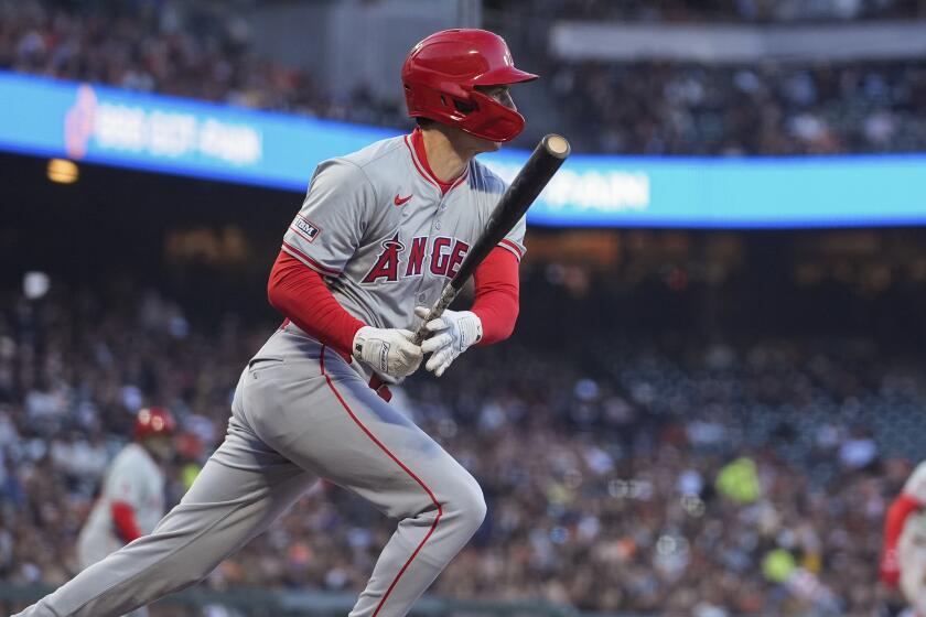 Mickey Moniak hits a two-run double during the Angels' 8-6 win over the San Francisco Giants at Oracle Park.