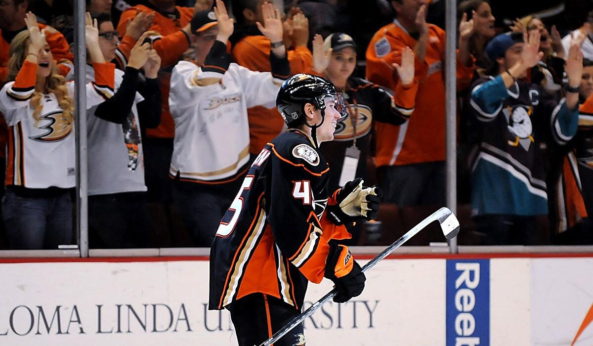 Ducks defenseman Sami Vatanen is all smiles after clinching the shootout win over the Jets on Sunday night in Anaheim.