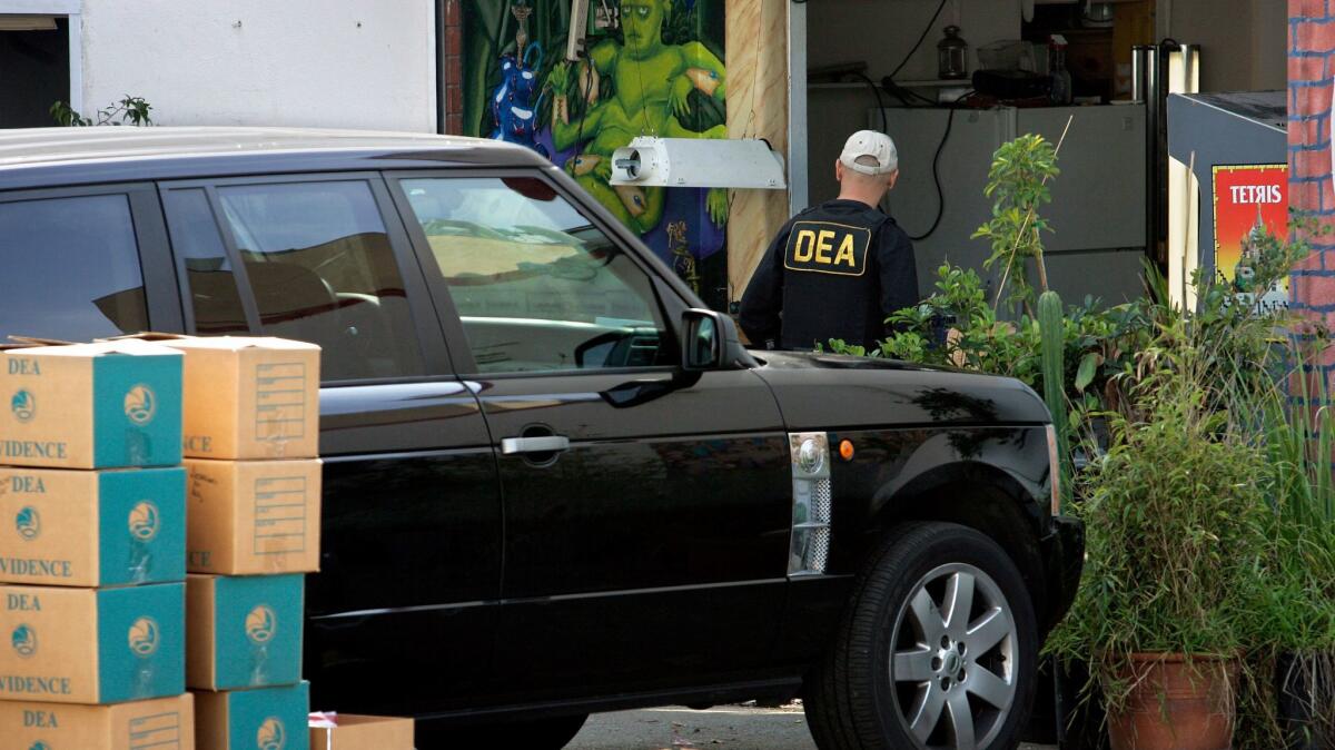 Federal agents and Los Angeles police officers raid a Culver City medical marijuana dispensary, Organica Collective, in 2010.